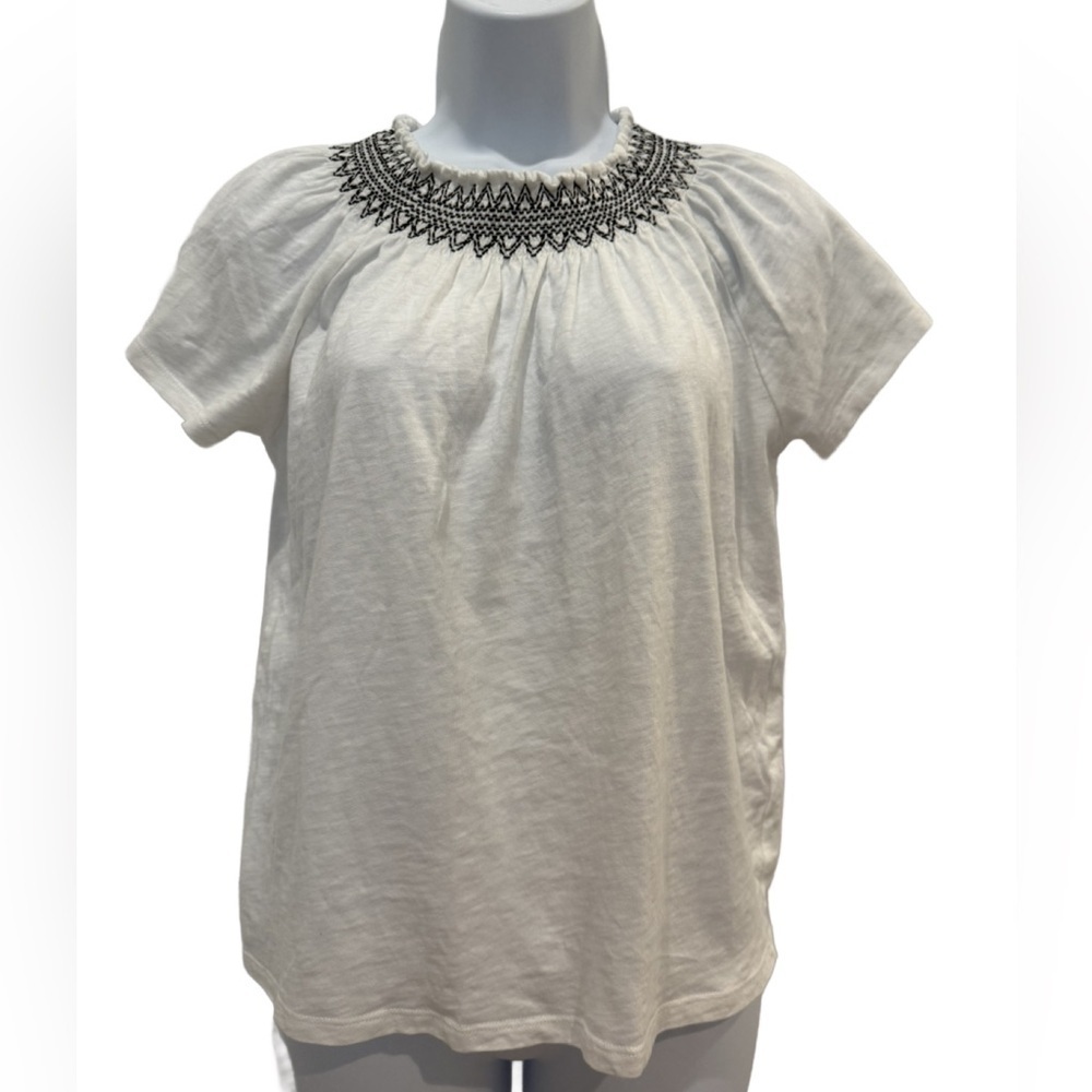 J. Crew White Blouse with Black Embroidery
